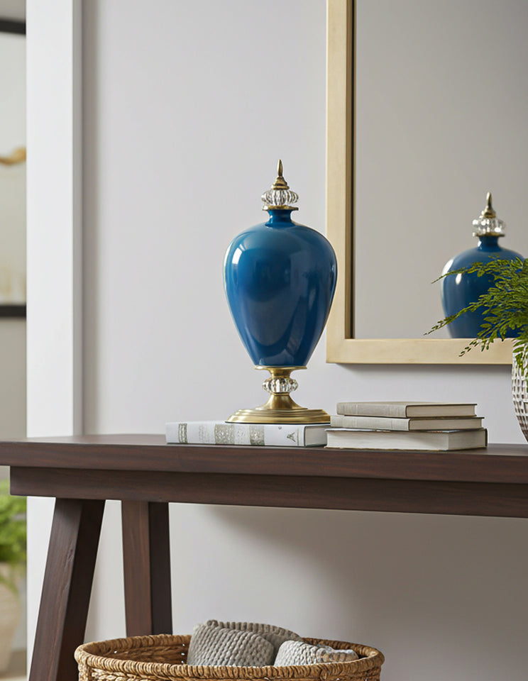 SOGA 42cm Ceramic Oval Flower Vase with Gold Metal Base Dark Blue