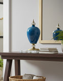 SOGA 42cm Ceramic Oval Flower Vase with Gold Metal Base Dark Blue