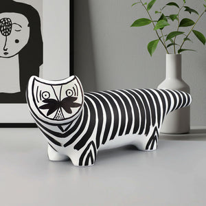 SOGA 47cm Elongated Black and White Striped Cat Resin Sculpture for Modern Home Decor