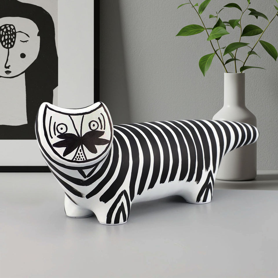 SOGA 47cm Elongated Black and White Striped Cat Resin Sculpture for Modern Home Decor