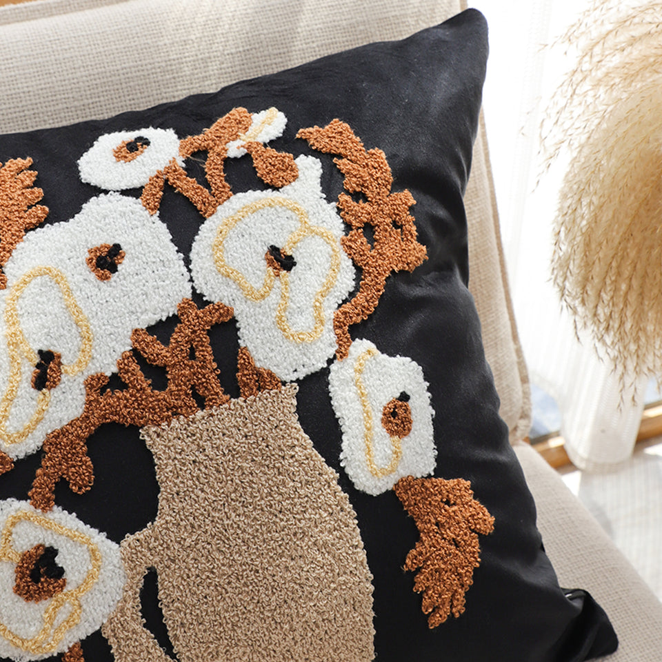 SOGA 2X 45cm Black Brown White Floral Bouquet Embroidered Throw Pillow
