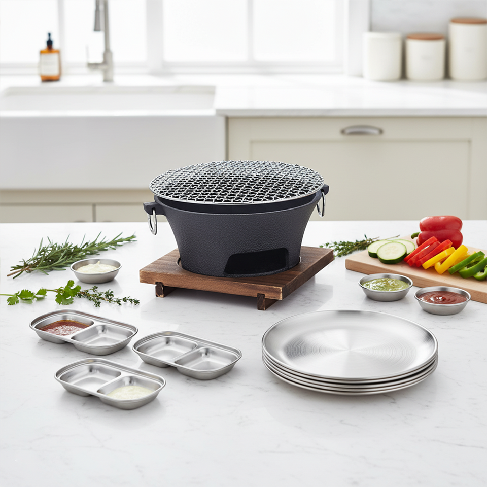 SOGA Kitchenware Bundle – Silver Grilling Plate, Divided Sauce Pan & Cast Iron BBQ Grill