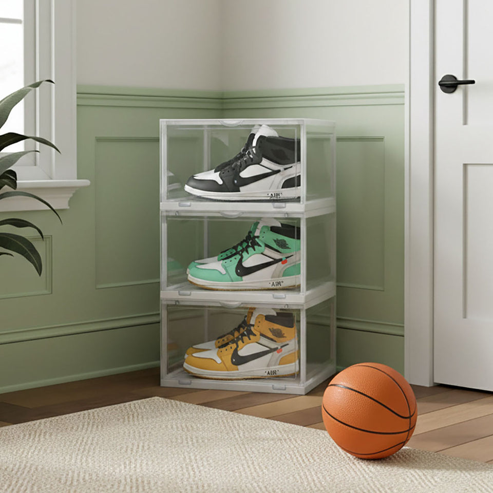 SOGA 3 Tier Transparent Portable Shoe Organiser Sneaker Footwear Folding Plastic Bin Stackable Storage Box with Magnetic Door