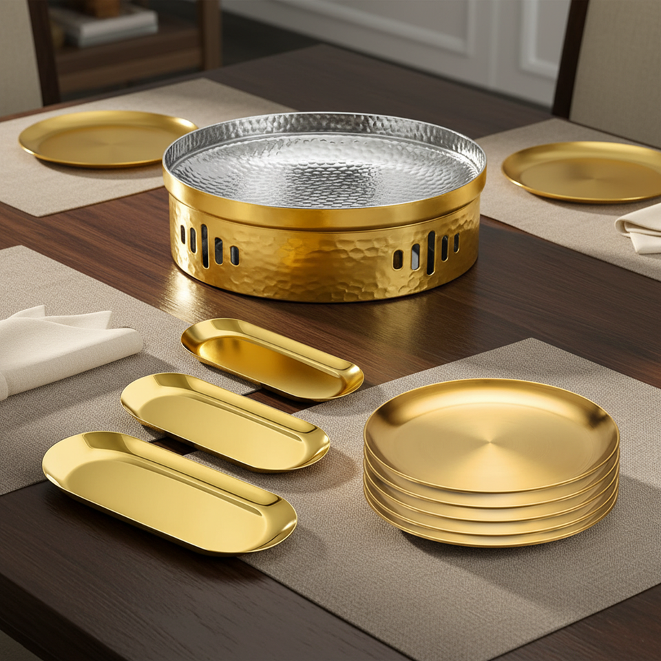 SOGA Kitchenware Bundle – Gold Nordic Plate Set, 26cm Grilling Plate & 28cm DryPot
