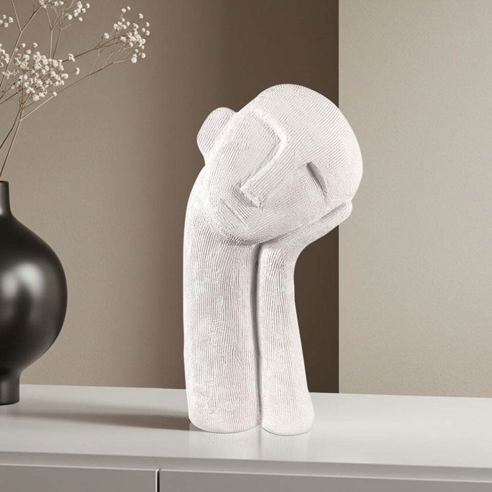 SOGA 38cm White Minimalist Head Resin Sculpture with Hand at Side and Linear Texture for Home Decor