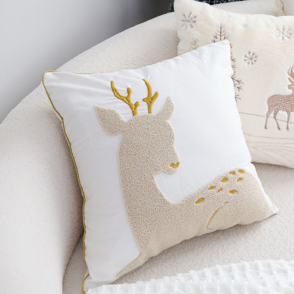 SOGA 45cm Whimsical Beige Reindeer Applique Gold Accent Throw Pillow
