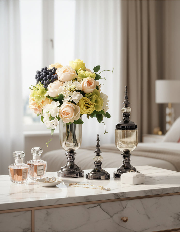 SOGA 2 x Clear Glass Flower Vase with Lid and White Flower Filler Vase Black Set