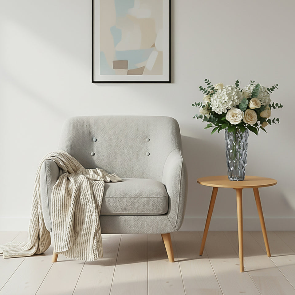 SOGA Home & Living Bundle – Walnut Side Coffee Table & Grey Glass Vase for Modern Home Decor