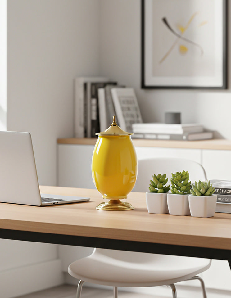 SOGA 2x 40cm Ceramic Oval Flower Vase with Gold Metal Base Yellow