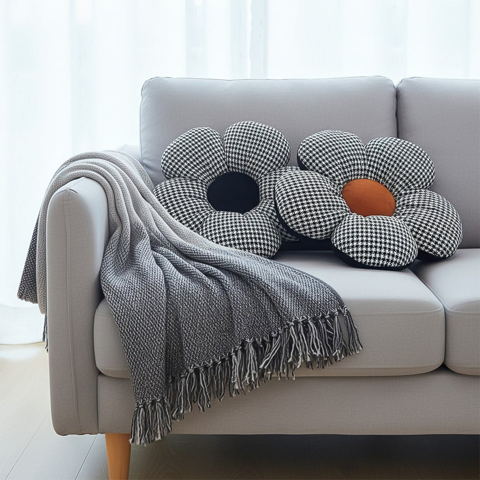 SOGA Home & Living Bundle – Black Flower Floor Pillows & Star Grey Gradient Tassel Blanket