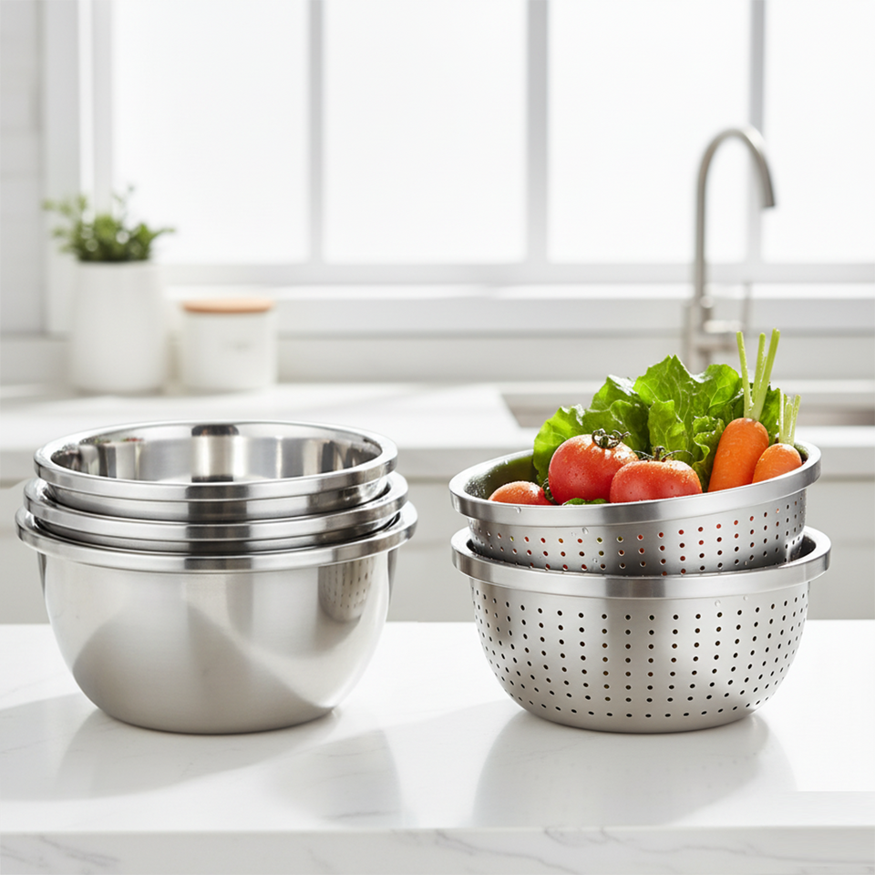 SOGA Kitchenware Bundle – Stainless Steel Nesting Colanders & Deep Stackable Mixing Bowls Set