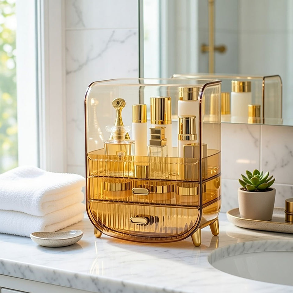 SOGA 3 Tier Golden Yellow Multifunctional Countertop Cosmetic Storage Makeup Perfume Skincare Display Stand Shelf Drawer Type Organiser