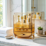 SOGA 3 Tier Golden Yellow Multifunctional Countertop Cosmetic Storage Makeup Perfume Skincare Display Stand Shelf Drawer Type Organiser