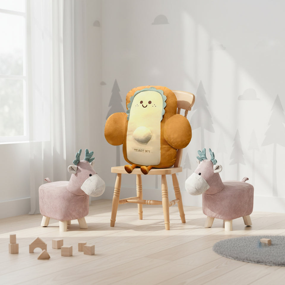 SOGA Home & Living Bundle – 2 Pink Deer Children’s Ottoman & Smiley Toast Plush Cushion