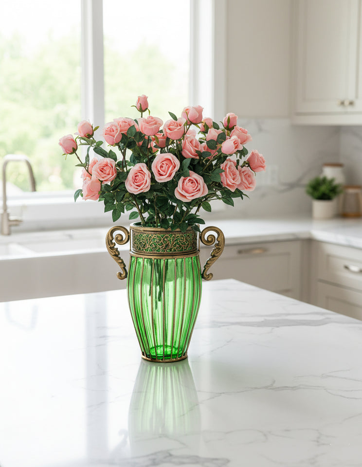 SOGA Green Glass Flower Vase with 8 Bunch 5 Heads Artificial Fake Silk Rose Home Decor Set