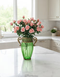 SOGA Green Glass Flower Vase with 8 Bunch 5 Heads Artificial Fake Silk Rose Home Decor Set