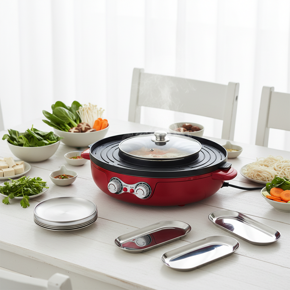 SOGA Kitchenware Bundle – 2-in-1 Electric Hot Pot BBQ Grill & Silver Plate Set with Grilling Plate