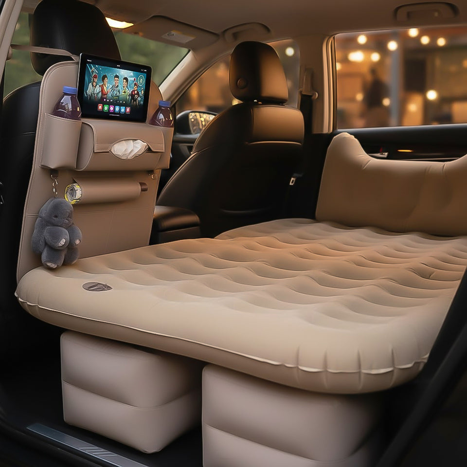 SOGA Car Bundle – White Back Seat Storage Organizer & Beige Honeycomb Inflatable Mattress