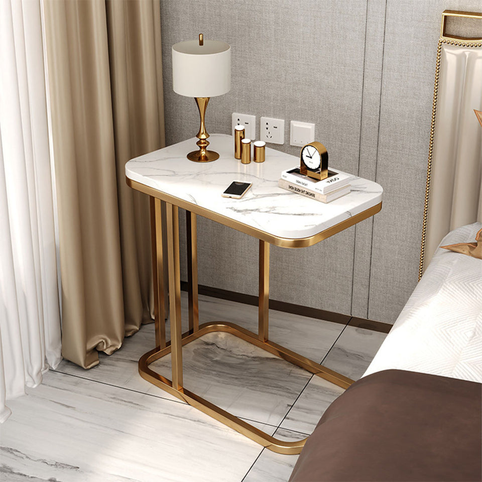 SOGA 2x 30x50cm White Stone-Patterned Sofa Side Tables – Square Mini Tables with Gold Metal Legs