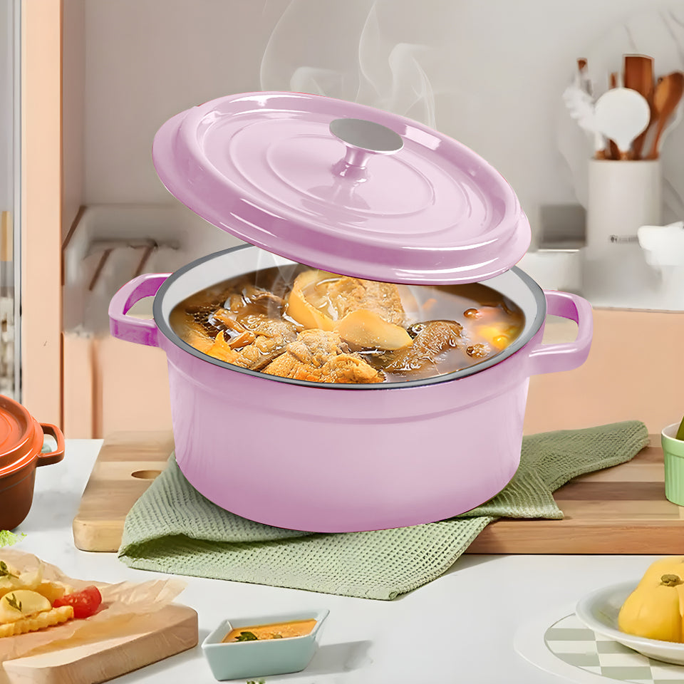 SOGA 2X 26cm Pink Cast Iron Ceramic Stewpot Casserole Stew Cooking Pot With Lid