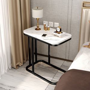 SOGA 2X 30x50x58cm White Stone-Patterned Sofa Side Square Mini Table w/ Black Metal Legs