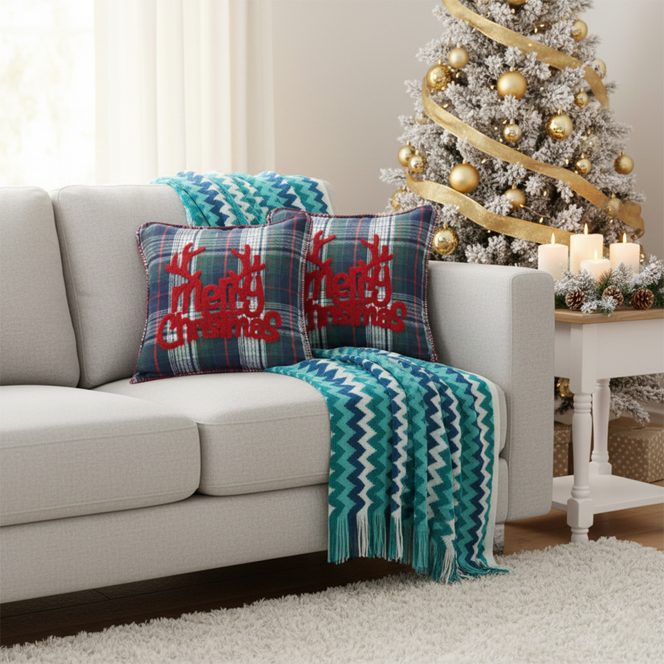 SOGA Christmas Bundle – 2 Multicolor Plaid Antler Pillow & Blue Zigzag Knitted Throw Blanket