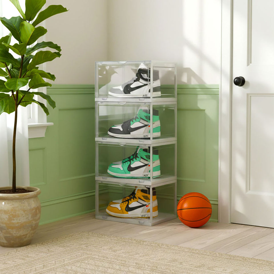 SOGA 4 Tier Transparent Portable Shoe Organiser Sneaker Footwear Folding Plastic Bin Stackable Storage Box with Magnetic Door