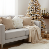 SOGA Christmas Bundle – 2 Khaki Wabi-Sabi & White Christmas House Pillows with Beige Knitted Throw