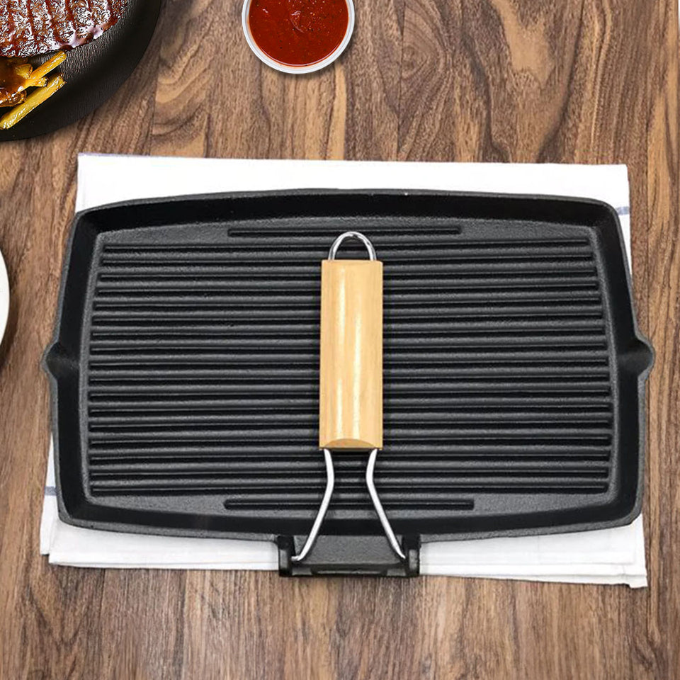 SOGA 20.5cm Rectangular Cast Iron Griddle Pan with Folding Wooden Handle
