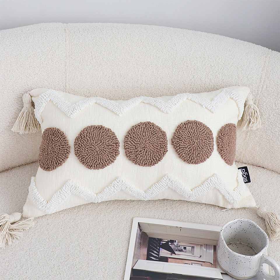 SOGA 2X Boho Tufted Cushion 30x50cm Tassel White Brown Circle Decorative Throw Pillow