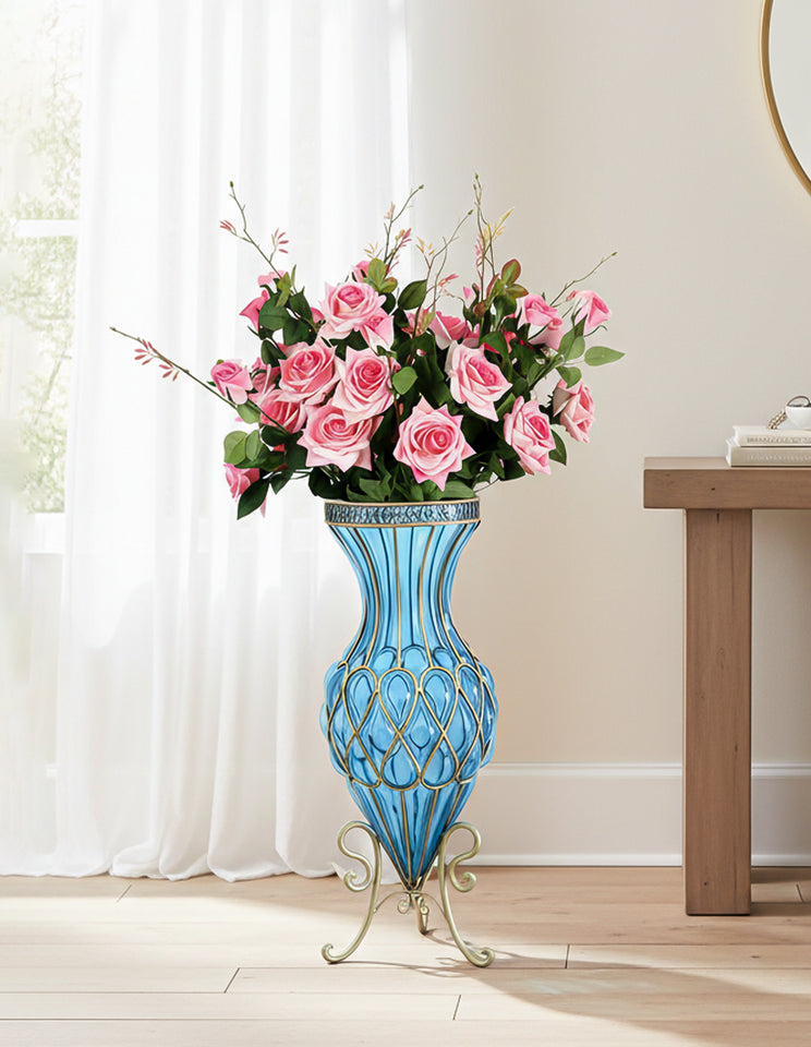 SOGA 67cm Blue Glass Tall Floor Vase and 12pcs Pink Artificial Fake Flower Set