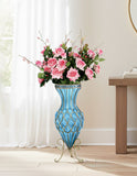 SOGA 67cm Blue Glass Tall Floor Vase and 12pcs Pink Artificial Fake Flower Set