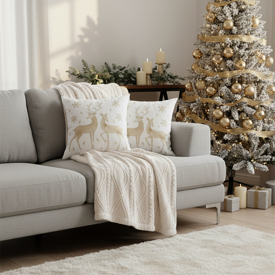 SOGA Christmas Bundle – 2 White & Gold Christmas Reindeer Pillow & White Chenille Fleece Throw