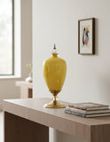 SOGA 40cm Ceramic Oval Flower Vase with Gold Metal Base Yellow