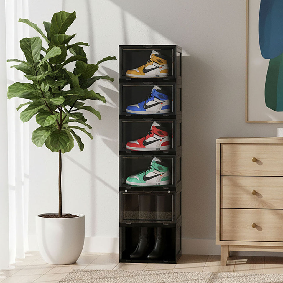SOGA 2X 6 Tier Black Portable Shoe Organiser Sneaker Footwear Folding Plastic Bin Stackable Storage Box with Magnetic Door