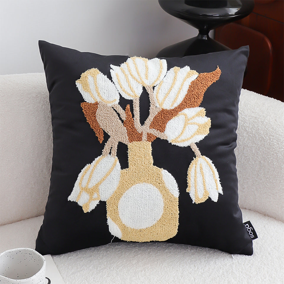 SOGA 2X 45cm Black White Gold Floral Vase Embroidered Throw Pillow