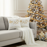 SOGA Christmas Bundle – 2 White & Gold Christmas Sleigh Pillow & White Knitted Throw Blanket