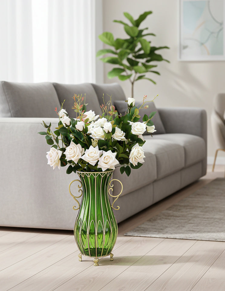 SOGA 51cm Green Glass Tall Floor Vase with 12pcs White Artificial Fake Flower Set