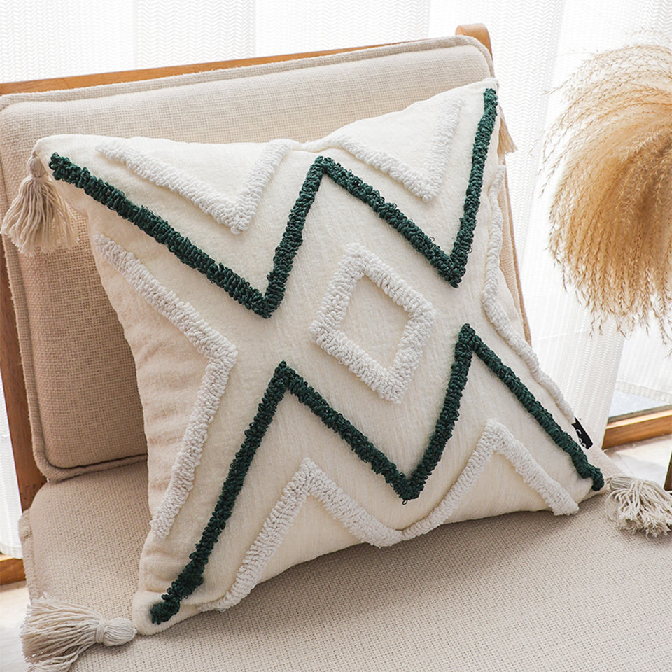 SOGA 2X Boho Tufted Cushion 45cm Tassel Beige Green Geometric Chevron Throw Pillow