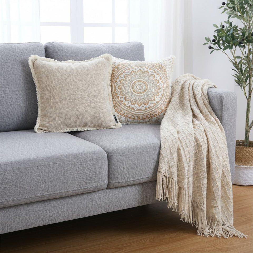 SOGA Home & Living Bundle – Chenille Tassel Pillow, Moon Cotton Pillow & Knitted Blanket