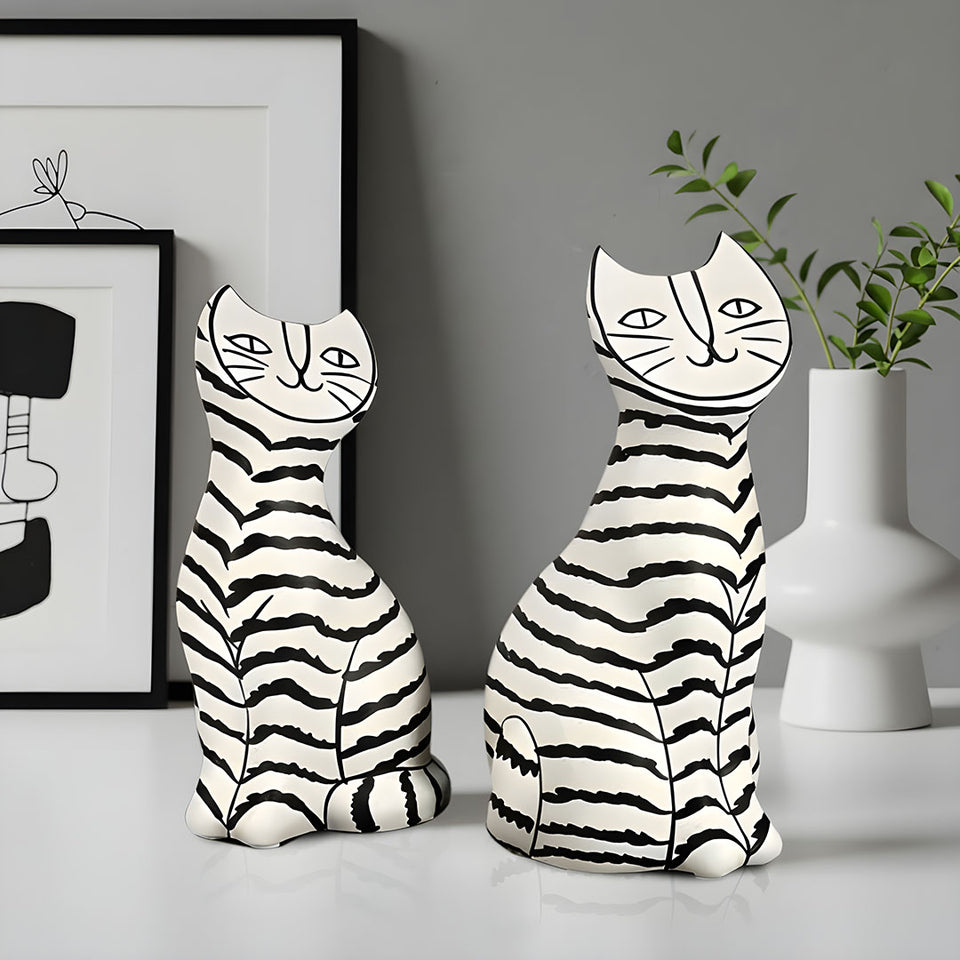 SOGA 22cm and 27cm Black & White Striped Cat Resin Sculptures for Stylish Home Decor