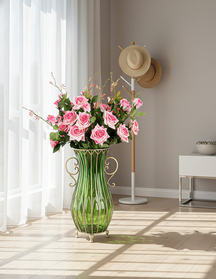 SOGA 51cm Green Glass Tall Floor Vase with 12pcs Pink Artificial Fake Flower Set