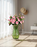SOGA 51cm Green Glass Tall Floor Vase with 12pcs Pink Artificial Fake Flower Set