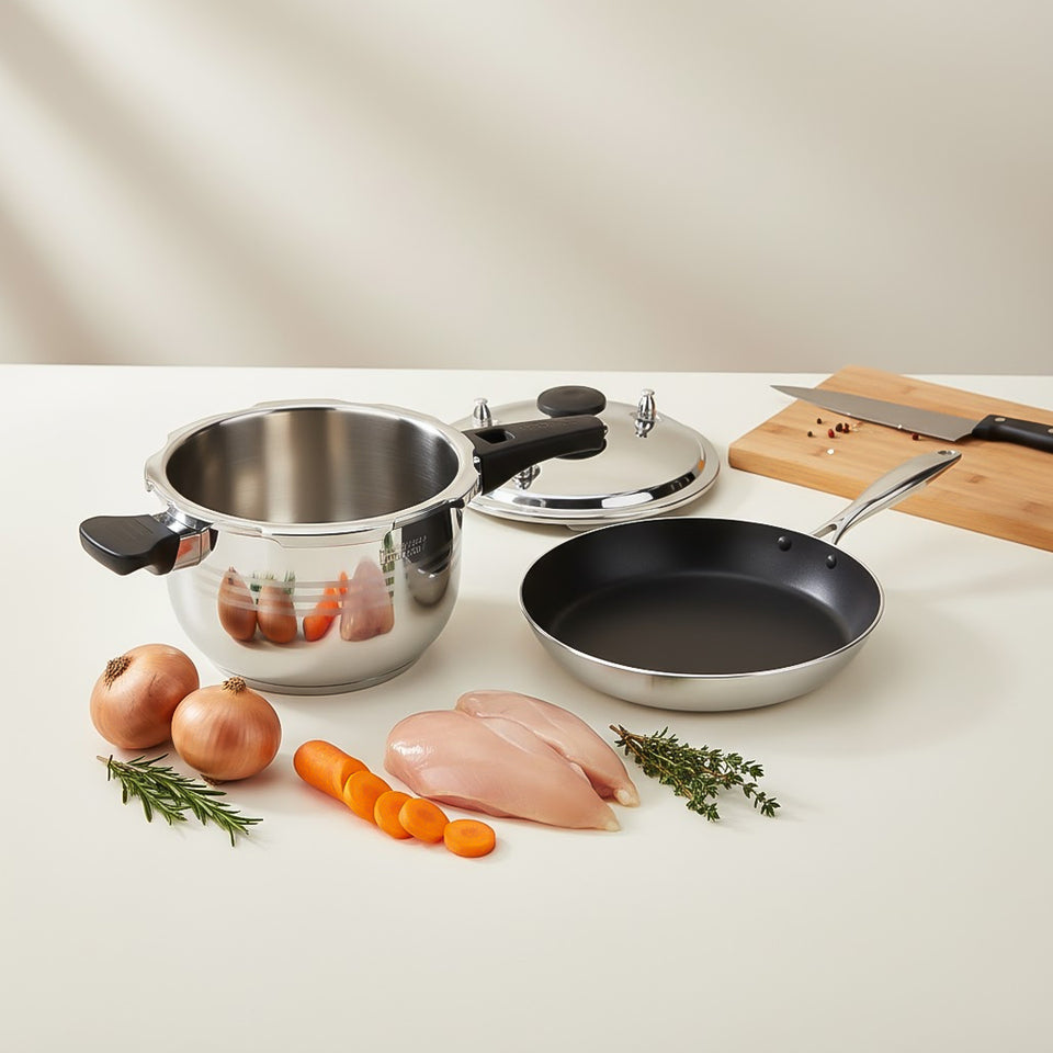SOGA Kitchenware Bundle – 5L Stainless Steel Pressure Cooker & 28cm Non-Stick Fry Pan