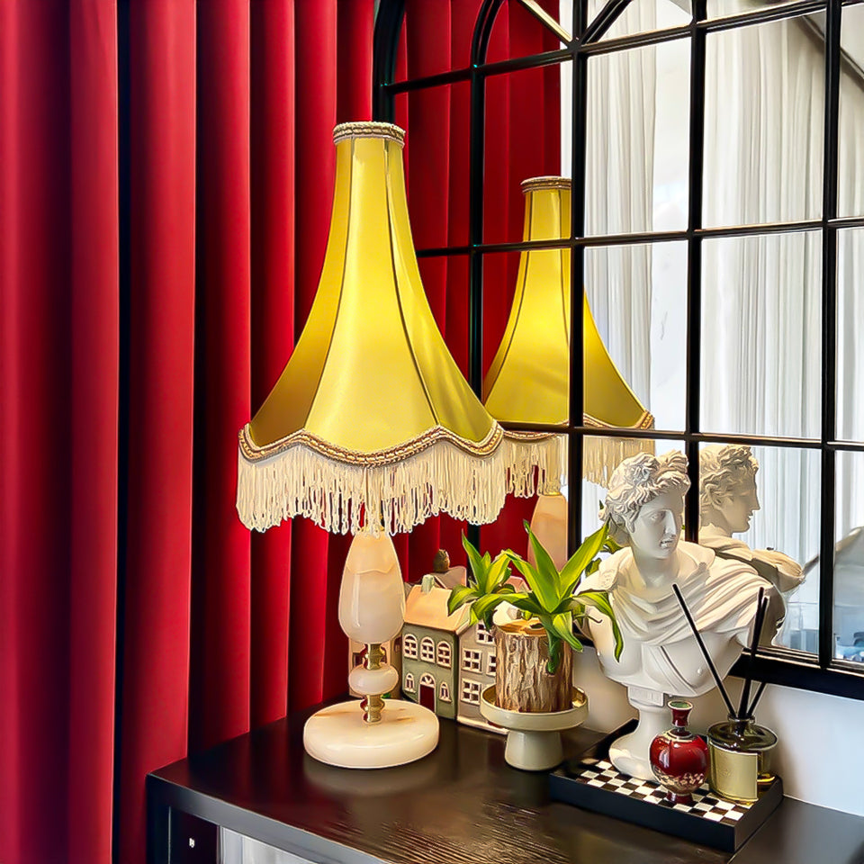 SOGA Jade Stone Base Table Lamp Vintage Yellow Shade Tassel Fringe Bedside Desk Light