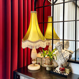 SOGA Jade Stone Base Table Lamp Vintage Yellow Shade Tassel Fringe Bedside Desk Light
