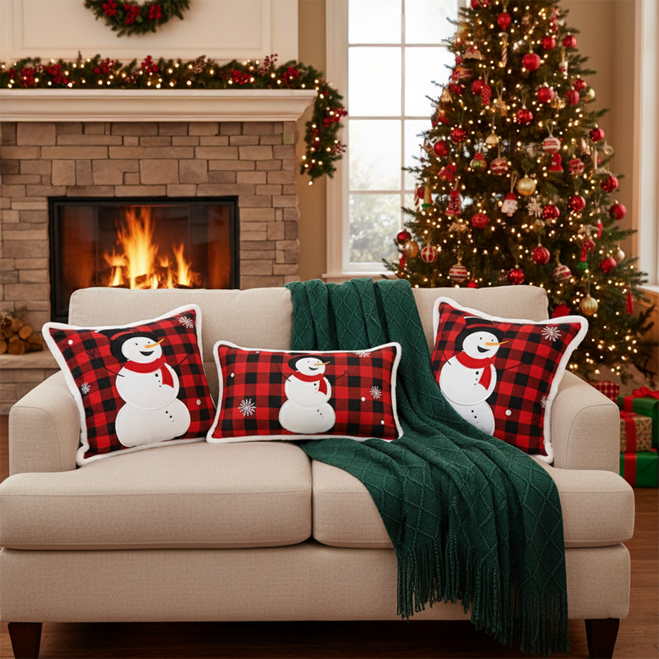 SOGA Christmas Bundle – Red Snowman Pillows & Green Diamond Knitted Throw Blanket