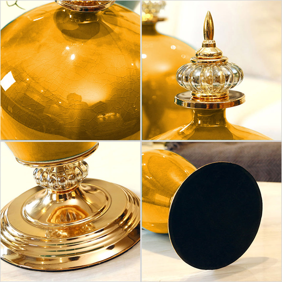 SOGA 38cm Ceramic Oval Flower Vase with Gold Metal Base Yellow