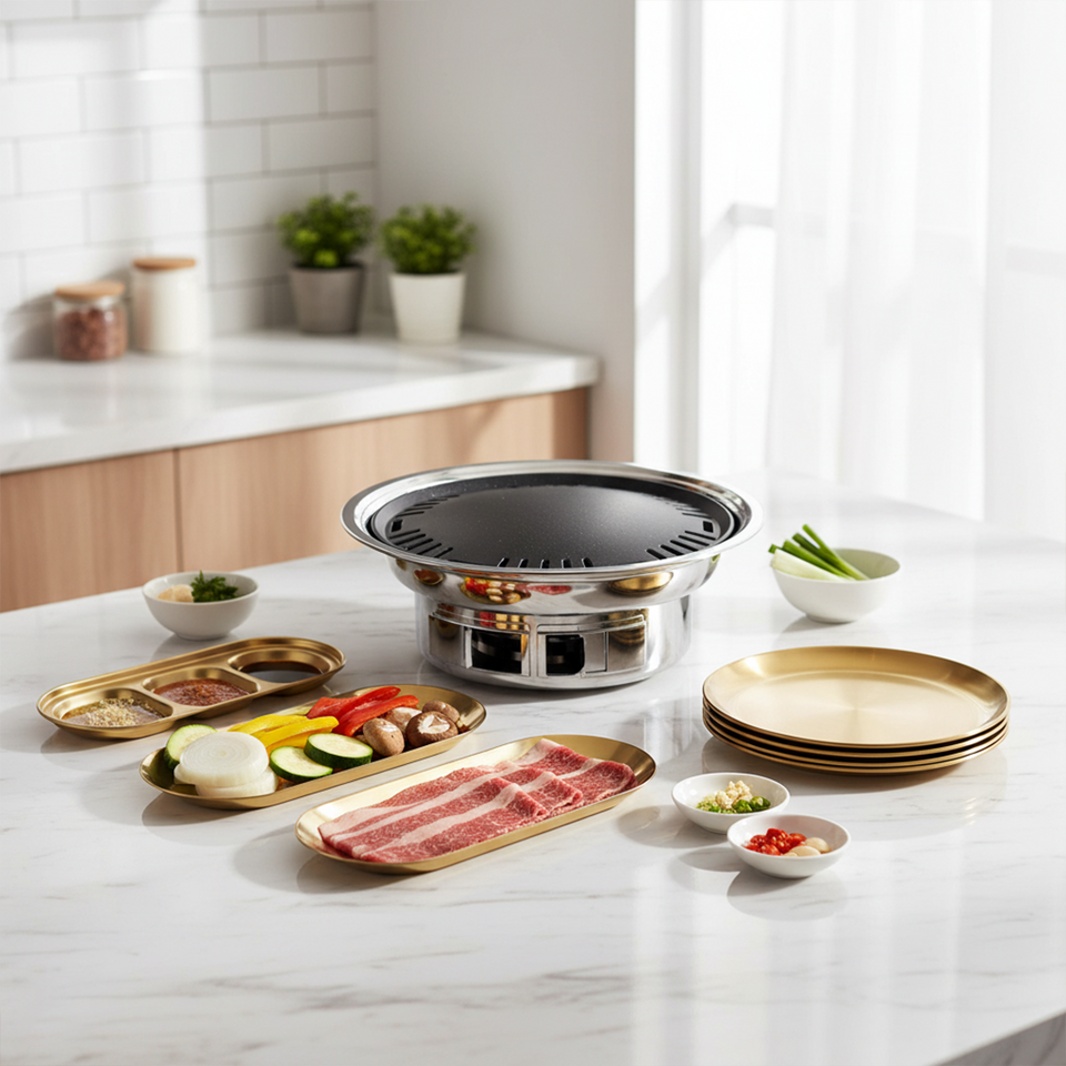 SOGA Kitchenware Bundle – Gold Nordic Plate Set, 23cm Grilling Plate & Portable Charcoal BBQ Grill