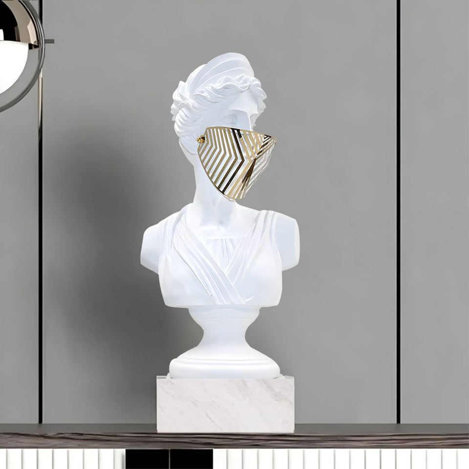 SOGA 45cm White Classical Bust Sculpture Resin with Gold Striped Mask for Modern Home Decor